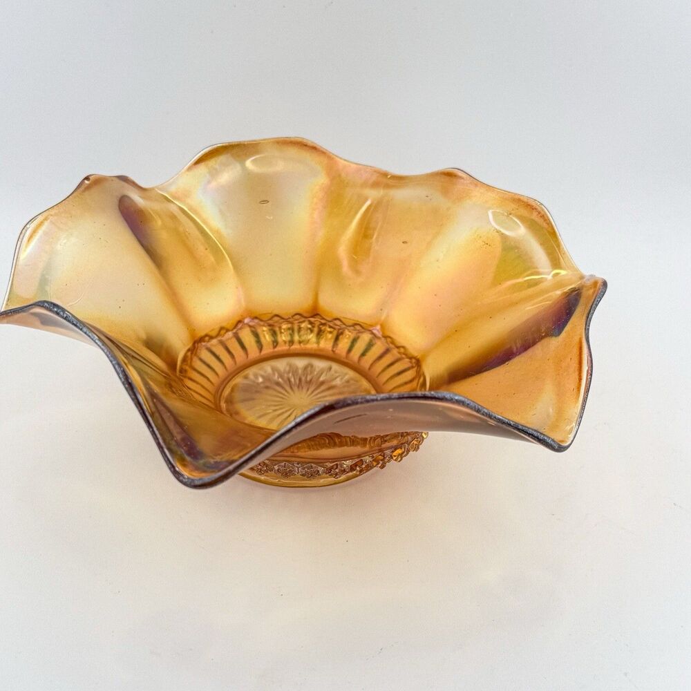 Vintage Marigold Carnival Glass Ruffled Bowl Iridescent Footed Dish Diamond Rim